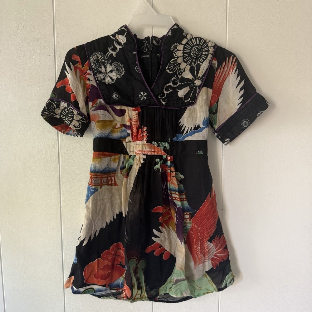 Lucky Brand Girls 2T Japanese Crane Floral Dress Black Tie Waist Cotton Lined